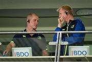 10 September 2016; Leinster head coach Leo Cullen, right, in conversation with senior coach Stuart Lancaster, during the Guinness PRO12 Round 2 match between Glasgow Warriors and Leinster at Scotstoun Stadium in Glasgow, Scotland. Photo by Seb Daly/Sportsfile