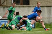 10 September 2016; JJ O'Dea of Leinster goes over for a try despite the tackle of James Brandon and Michael O’Reilly of Connacht during the U19 Interprovincial Series Round 2 match between Connacht and Leinster at Galwegians RFC in Galway. Photo by Oliver McVeigh/Sportsfile