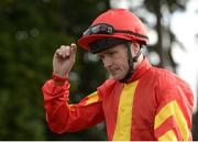 10 September 2016; Jockey Pat Smullen celebrates after winning the KPMG Enterprise Stakes on Zhukova at Leopardstown Racecourse in Dublin. Photo by Cody Glenn/Sportsfile