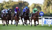 10 September 2016; Awtaad, with Chris Hayes up, on their way to winning the Clipper Logistics Boomerang Stakes from second place Costom Cut, right, with Daniel Tudhope and third place Hit It A Bomb with Ryan Moore at Leopardstown Racecourse in Dublin. Photo by Matt Browne/Sportsfile
