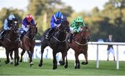 10 September 2016; Awtaad, with Chris Hayes up, on their way to winning the Clipper Logistics Boomerang Stakes from second place Costom Cut with Daniel Tudhope at Leopardstown Racecourse in Dublin. Photo by Matt Browne/Sportsfile