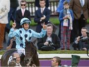 10 September 2016; Christophe Soumillon celebrates after winning the QIPCO Irish Champion Stakes on Almanzor at Leopardstown Racecourse in Dublin. Photo by Sam Barnes/Sportsfile