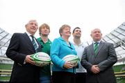10 January 2011; At the announcement that Ulster Bank will become the Official Community Partner to the IRFU, in the Aviva Stadium, are, from left, John Hussey, Vice President of the IRFU, Ellvena Graham, Director of Business Services Ireland, Ulster Bank, Irish International players Rob Kearney and Jerry Flannery and Ireland senior squad head coach Declan Kidney. The partnership includes title sponsorship of the All Ireland League and the Irish Club International team until 2014. The announcement also introduces a new club volunteer initiative, Ulster Bank RugbyForce, where selected clubs will receive funding to renovate their facilities. Clubs can register online at www.ulsterbank.com/rugby. Aviva Stadium, Lansdowne Road, Dublin. Picture credit: Stephen McCarthy / SPORTSFILE