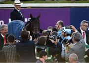 10 September 2016; Christophe Soumillon celebrates after winning the QIPCO Irish Champion Stakes on Almanzor at Leopardstown Racecourse in Dublin. Photo by Sam Barnes/Sportsfile