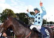 10 September 2016; Jockey Christophe Soumillon celebrates after winning the QIPCO Irish Champion Stakes on Almanzor at Leopardstown Racecourse in Dublin. Photo by Cody Glenn/Sportsfile