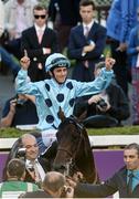 10 September 2016; Christophe Soumillon, riding Almanzor, celebrates after winning the QIPCO Irish Champion Stakes, ahead of Found with Frankie Dettori up, at Leopardstown Racecourse in Dublin. Photo by Sam Barnes/Sportsfile