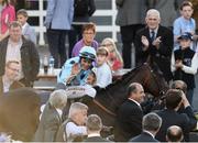 10 September 2016; Christophe Soumillon, riding Almanzor, celebrates after winning the QIPCO Irish Champion Stakes, ahead of Found with Frankie Dettori up, at Leopardstown Racecourse in Dublin. Photo by Sam Barnes/Sportsfile