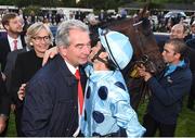 10 September 2016; Jockey Christophe Soumillon celebrates with trainer Jean-Claude Rouget after winning the QIPCO Irish Champion Stakes  on Almanzor at Leopardstown Racecourse in Dublin. Photo by Cody Glenn/Sportsfile