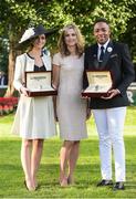 10 September 2016; Ciara Murphy who won the Longines Prize for Elegance, left, with Jessica O'Gara, centre, and winner of the Male Longines Prize for Elegence Lawson Mpame at Leopardstown Racecourse in Dublin. Photo by David Fitzgerald/Sportsfile