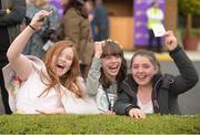 10 September 2016; Tara Power, aged 12, left, Sarah O'Riordan, aged 12, and Jennifer Boland, aged 13, all from Dublin, celebrate their winning horse, Alice Springs, in race 5 at Leopardstown Racecourse in Dublin. Photo by David Fitzgerald/Sportsfile
