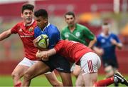 11 September 2016; Morgan Purcell of Leinster is tackled by Tom Hanley of Munster during the U18 Clubs Interprovincial Series Round 2 match between Munster and Leinster at Thomond Park in Limerick. Photo by David Maher/Sportsfile