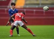 11 September 2016; Cormac Timoney of Leinster is tackled by Ikem Ugwuru of Munster during the U18 Clubs Interprovincial Series Round 2 match between Munster and Leinster at Thomond Park in Limerick. Photo by David Maher/Sportsfile
