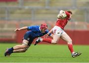 11 September 2016; Conor Hayes of Munster is tackled by Luke Thompson of Leinster during the U18 Clubs Interprovincial Series Round 2 match between Munster and Leinster at Thomond Park in Limerick. Photo by David Maher/Sportsfile