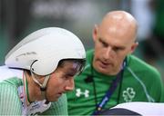 11 September 2016; Damien Vereker of Ireland receives some last-minute instructions from head coach Neill Delahaye before the Men's B 1000m Time Trial at the Rio Olympic Velodrome during the Rio 2016 Paralympic Games in Rio de Janeiro, Brazil. Photo by Diarmuid Greene/Sportsfile