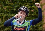 11 September 2016; Nichola Farrell celebrates after finishing The Great Dublin Bike Ride 2016 at Smithfield Square in Dublin 7. Photo by David Fitzgerald/Sportsfile