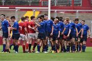 11 September 2016;  Leinster and Munster players at the end of the U18 Clubs Interprovincial Series Round 2 match between Munster and Leinster at Thomond Park in Limerick. Photo by David Maher/Sportsfile