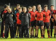 15 January 2011; Down manager James McCartan, sixth from left, and his players observe a minute's silence for the late Michaela McAreavey. Barrett Sports Lighting Dr. McKenna Cup, Section C, Down v Armagh, Pairc Esler, Newry, Co. Down. Picture credit: Oliver McVeigh / SPORTSFILE