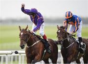 11 September 2016; Frankie Dettori celebrates winning the Palmerstown House Estate Irish St. Leger on Wicklow Brave ahead of the favourite Order Of St George, with Ryan Moore up, during the Irish Champions Weekend at The Curragh in Co. Kildare. Photo by Cody Glenn/Sportsfile