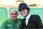 12 September 2016; Helen Kearney of Ireland, with team leader David Redmond, after her round in the Grade 1A Team Test, onboard 'Rock and Roll 2', at the Olympic Equestrian Centre during the Rio 2016 Paralympic Games in Rio de Janeiro, Brazil. Photo by Diarmuid Greene/Sportsfile
