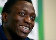 13 September 2016; Niyi Adeolokun of Connacht speaking during a press conference at the Sportsground in Galway.  Photo by Seb Daly/Sportsfile