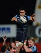 9 August 2016; Ellis Jenkins of Cardiff Blues in the lineout during the Guinness PRO12 Round 2 match between Munster and Cardiff Blues at Irish Independent Park in Cork. Photo by Piaras Ó Mídheach/Sportsfile
