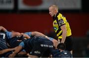 9 August 2016; Referee Ian Davies watches a Cardiff Blues scrum during the Guinness PRO12 Round 2 match between Munster and Cardiff Blues at Irish Independent Park in Cork. Photo by Piaras Ó Mídheach/Sportsfile
