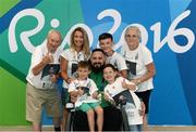 13 September 2016; Phillip Eaglesham of Ireland with his wife Julie and three sons Mason, aged 6, Travis, aged 13, and Tyler, aged 9, and his parents John Eaglesham and Edith Eaglesham, from Dungannon, Co. Tyrone, after he competed in the Mixed 10m Air Rifle Prone SH2 Qualifier at the Olympic Shooting Centre during the Rio 2016 Paralympic Games in Rio de Janeiro, Brazil. Photo by Diarmuid Greene/Sportsfile