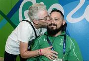 13 September 2016; Phillip Eaglesham of Ireland with his mother, Edith Eaglesham, from Dungannon, Co. Tyrone, after he competed in the Mixed 10m Air Rifle Prone SH2 Qualifier at the Olympic Shooting Centre during the Rio 2016 Paralympic Games in Rio de Janeiro, Brazil. Photo by Diarmuid Greene/Sportsfile