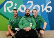 13 September 2016; Phillip Eaglesham of Ireland with his support staff / best friend Ryan Morris, left, and team leader Raymond Kane, after he competed in the Mixed 10m Air Rifle Prone SH2 Qualifier at the Olympic Shooting Centre during the Rio 2016 Paralympic Games in Rio de Janeiro, Brazil. Photo by Diarmuid Greene/Sportsfile
