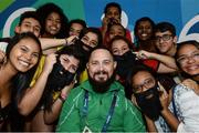 13 September 2016; Phillip Eaglesham of Ireland, with local supporters of #PhilsBeard, after he competed in the Mixed 10m Air Rifle Prone SH2 Qualifier at the Olympic Shooting Centre during the Rio 2016 Paralympic Games in Rio de Janeiro, Brazil. Photo by Diarmuid Greene/Sportsfile