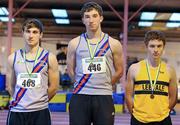 15 January 2011; Mark Kavanagh, Dundrum South Dublin AC, who finished 1st in the Junior Men's 200m alongside team-mate Joseph Dowling, left, who finished 2nd and 3rd place David Killeen, Leevale AC, Co. Cork, at the Woodie’s DIY National Junior Indoor Track & Field Championships. Nenagh Indoor Arena, Nenagh, Co. Tipperary. Photo by Sportsfile
