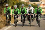 18 January 2011; Cycling legend Sean Kelly, centre, shows he still has it as he joins the Irish members of the An Post cycling team, from left, Mark Cassidy, Philip Lavery, Sam Bennett and Ronan McLaughlin on a training ride at the team's 2011 training camp. Calpe, Spain. Picture credit: Stephen McCarthy / SPORTSFILE