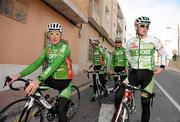 18 January 2011; Cycling legend Sean Kelly stops for a quick break alongisde An Post team member Sam Bennett during a training ride at the team's 2011 training camp. Calpe, Spain. Picture credit: Stephen McCarthy / SPORTSFILE
