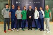 14 September 2016; UCD President Andrew Deeks, centre, pictured with Ireland Olympians, from left, Mark English, Arthur Lanigan O'Keeffe, Paul O'Donovan, Kirk Shimmins, Ciara Mageean, Ciara Everard and Claire Lambe as the UCD Ad Astra Sports Academy Welcomes Home their Olympians. UCD, Belfield, Dublin. Photo by Cody Glenn/Sportsfile