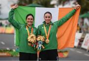 14 September 2016; Katie-George Dunlevy of Ireland, left, along with her pilot Eve McCrystal, with their gold medals during the medal ceremony of the Women's B Time Trial at the Pontal Cycling Road during the Rio 2016 Paralympic Games in Rio de Janeiro, Brazil. Photo by Diarmuid Greene/Sportsfile