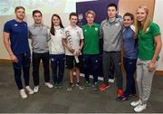 14 September 2016; Mark O'Brien, centre, age 14, from Blackrock, Co. Dublin, who ran with the Olympic torch in Rio, pictured with Ireland Olympic athletes, from left, Arthur Lanigan O'Keeffe, Paul O'Donovan, Ciara Mageean, Kirk Shimmins, Mark English, Ciara Everard and Claire Lambe as the UCD Ad Astra Sports Academy Welcomes Home their Olympians. UCD, Belfield, Dublin. Photo by Cody Glenn/Sportsfile
