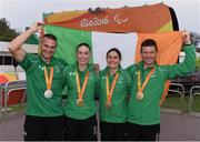 14 September 2016; Team Ireland medallists, from left to right, Colin Lynch, Men's Time Trial C2 silver, Eve McCrystal and Katie-George Dunlevy, Women's B Time Trial gold, and Eoghan Clifford of Ireland, Men's C3 Time Trial gold, with their medals at the Pontal Cycling Road during the Rio 2016 Paralympic Games in Rio de Janeiro, Brazil. Photo by Diarmuid Greene/Sportsfile