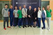 14 September 2016; Prof. Colin Boreham, from centre left, UCD President Andrew Deeks, and Dr. Barbara Dooley, pictured with Ireland Olympians, from left, Mark English, Arthur Lanigan O'Keeffe, Paul O'Donovan, Kirk Shimmins, Ciara Mageean, Ciara Everard and Claire Lambe as the UCD Ad Astra Sports Academy Welcomes Home their Olympians. UCD, Belfield, Dublin. Photo by Cody Glenn/Sportsfile
