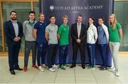 14 September 2016; Karl Manning, centre, and Gavin Leech, far left, from Bank of Ireland, pictured with Ireland Olympians, from left, Mark English, Arthur Lanigan O'Keeffe, Paul O'Donovan, Kirk Shimmins, Ciara Mageean, Ciara Everard and Claire Lambe as the UCD Ad Astra Sports Academy Welcomes Home their Olympians. UCD, Belfield, Dublin. Photo by Cody Glenn/Sportsfile