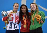 14 September 2016; Medallists in the Women's 100m Breaststroke SB8 Final, from left, silver medallist Claire Cashmore of Great Britain, gold medallist Katarina Roxon of Canada, and bronze medallist Ellen Keane of Ireland at the Olympic Aquatics Stadium during the Rio 2016 Paralympic Games in Rio de Janeiro, Brazil. Photo by Sportsfile