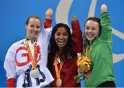 14 September 2016; Medallists in the Women's 100m Breaststroke SB8 Final, from left, silver medallist Claire Cashmore of Great Britain, gold medallist Katarina Roxon of Canada, and bronze medallist Ellen Keane of Ireland at the Olympic Aquatics Stadium during the Rio 2016 Paralympic Games in Rio de Janeiro, Brazil. Photo by Sportsfile