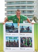 15 September 2016; Colin Lynch, who won a Silver Medal yesterday in the Men’s C2 Time Trial at the Paralympic Games in Rio. The 45 year old has won his first Paralympic medal and is pictured with An Post’s latest stamp issue ‘Cycling in Ireland’. The Cycling in Ireland stamps are designed by Zinc Design and recognise cycling as one of Ireland’s most popular pastimes, featuring four different aspects of the sport in Ireland: Commuting and safety, family and leisure, sportive and charity and high performance and competition.  The set of four, 72cent cycling stamps issue on September 15th and are available in main post offices and on www.irishstamps.ie from the date of issue. An Post is sponsor of the Irish Paracycling team since 2008 and is official partner to the squad during the 2016 Paralympic Games. Photo by Diarmuid Greene/Sportsfile
