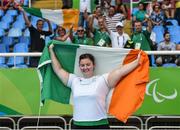 15 September 2016; Orla Barry of Ireland celebrates in front of Ireland supporters after taking silver in the Women's Discus F57 Final at the Olympic Stadium during the Rio 2016 Paralympic Games in Rio de Janeiro, Brazil. Photo by Diarmuid Greene/Sportsfile