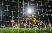 15 September 2016; Ciaran Kilduff, right, of Dundalk scores his side's equalizing goal during the UEFA Europa League Group D match between AZ Alkmaar and Dundalk at AZ Stadion in Alkmaar, Netherlands. Photo by David Maher/Sportsfile