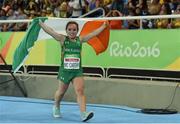 15 September 2016; Niamh McCarthy of Ireland celebrates after winning silver in the Women's Discus Throw F41 Final at Olympic Stadium during the Rio 2016 Paralympic Games in Rio de Janeiro, Brazil. Photo by Diarmuid Greene/Sportsfile