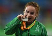 15 September 2016; Niamh McCarthy of Ireland celebrates with her silver medal during the medal ceremony of the Women's Discus Throw F41 Final at Olympic Stadium during the Rio 2016 Paralympic Games in Rio de Janeiro, Brazil. Photo by Diarmuid Greene/Sportsfile