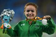 15 September 2016; Niamh McCarthy of Ireland celebrates with her silver medal during the medal ceremony of the Women's Discus Throw F41 Final at Olympic Stadium during the Rio 2016 Paralympic Games in Rio de Janeiro, Brazil. Photo by Diarmuid Greene/Sportsfile