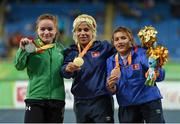 15 September 2016; Niamh McCarthy of Ireland, left, with her silver medal, alongside gold medallist Raoua Tlili of Tunisia, centre, and bronze medallist Fathia Amaimia of Tunisia during the medal ceremony of the Women's Discus Throw F41 Final at Olympic Stadium during the Rio 2016 Paralympic Games in Rio de Janeiro, Brazil. Photo by Diarmuid Greene/Sportsfile