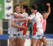 22 January 2011; Andrew Trimble, Ulster Rugby, is congratulated by Adam D'Arcy and Willie Faloon after scoring his side's first try. Heineken Cup Pool 4 Round 6, Aironi Rugby v Ulster Rugby, Stadio Luigi Zaffanella, Aironi, Italy. Picture credit: Oliver McVeigh / SPORTSFILE