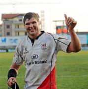 22 January 2011; Johann Muller, Ulster Rugby, celebrates after the game. Heineken Cup Pool 4 Round 6, Aironi Rugby v Ulster Rugby, Stadio Luigi Zaffanella, Aironi, Italy. Picture credit: Oliver McVeigh / SPORTSFILE